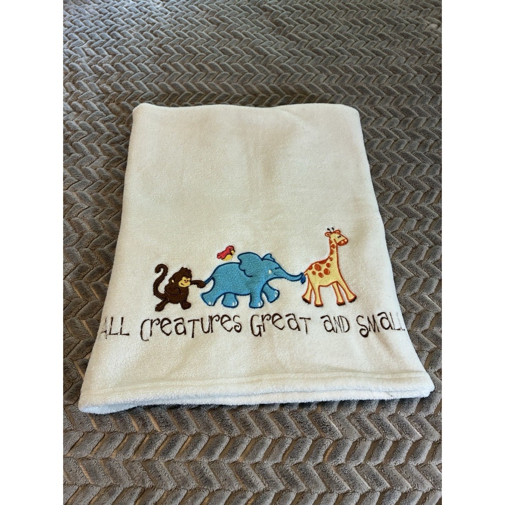 MWW Market All Creatures Great Small White Baby Blanket Monkey Elephant Giraffe